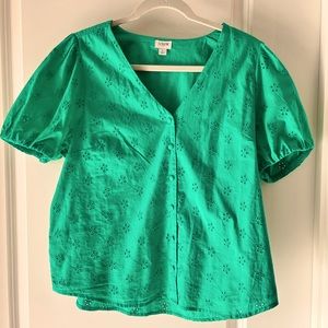 J Crew Factory Puff Sleeve eyelet button top